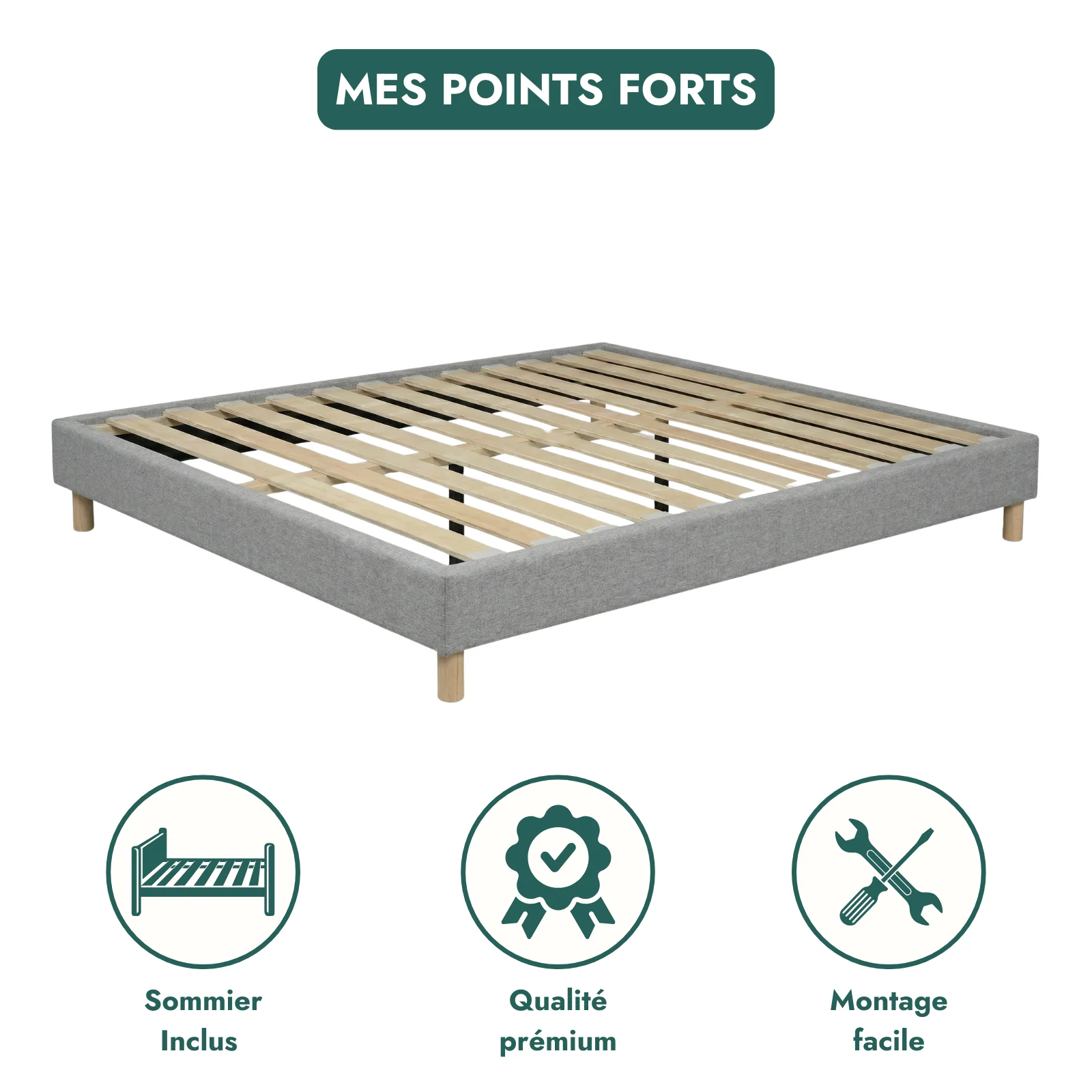 Sommier tissu, cadre de lit, pieds bois, maintien bassin - Collection Deco - Image 7