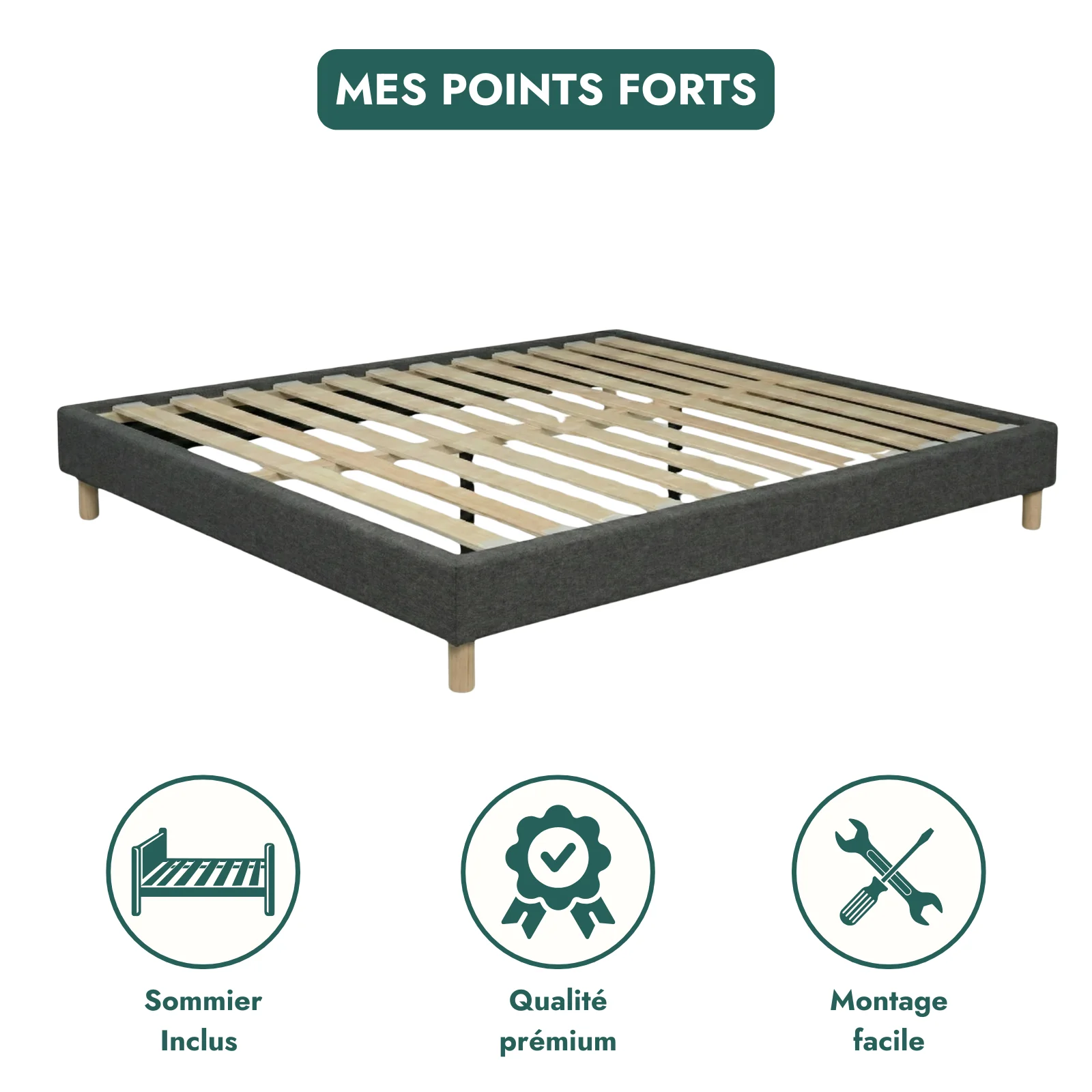 Sommier tissu, cadre de lit, pieds bois, maintien bassin - Collection Deco - Image 6