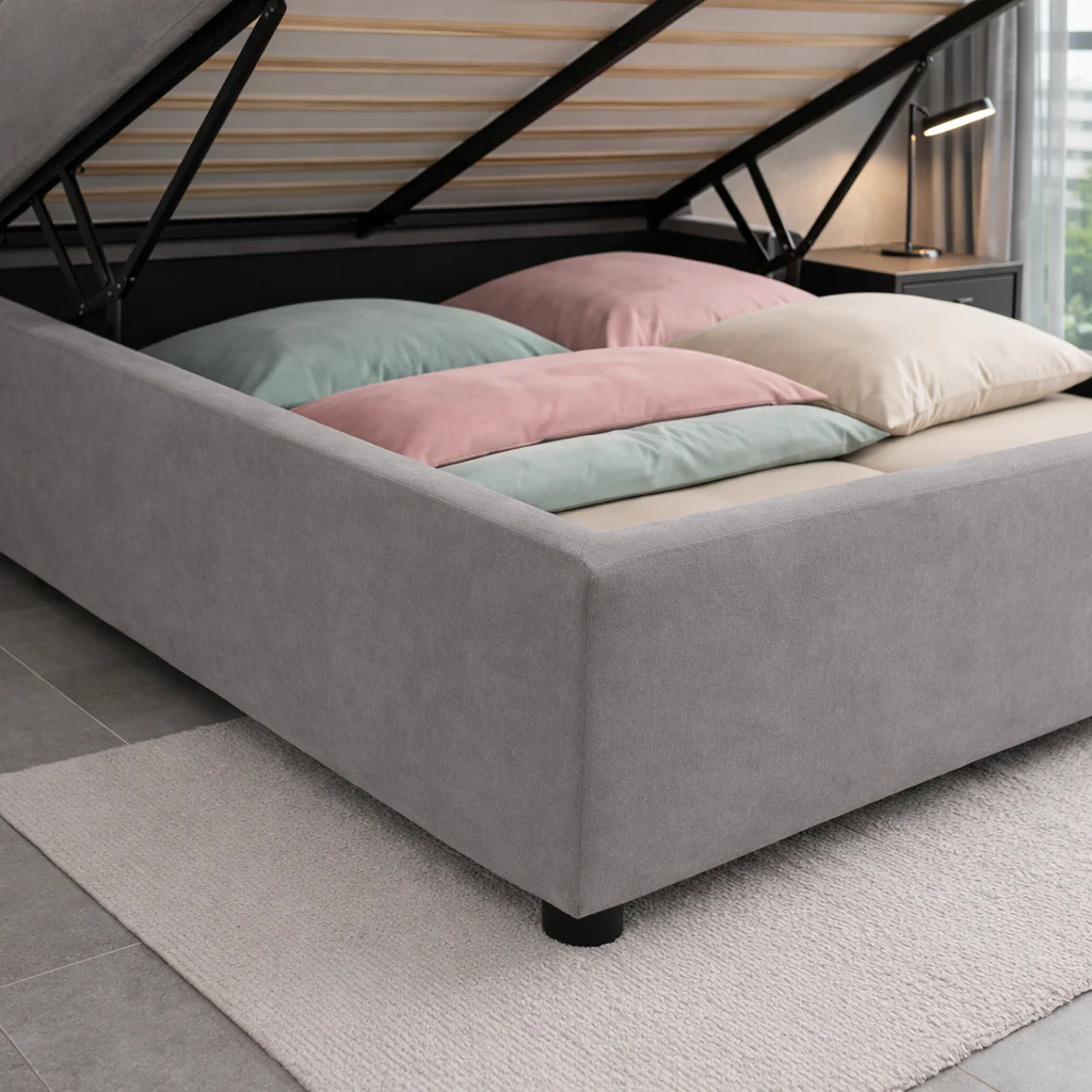 Housse structure lit coffre tissu gris clair