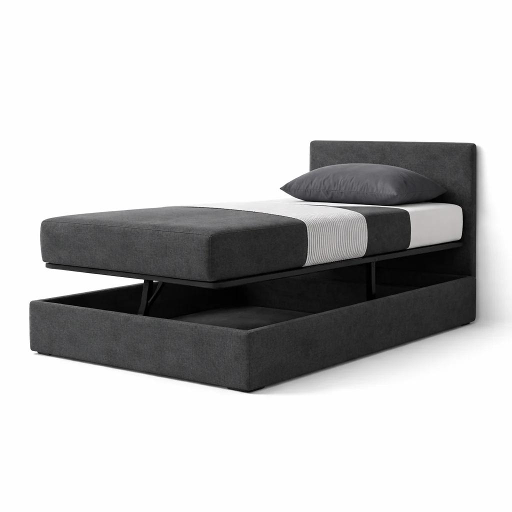 Lit coffre avec tête de lit ouverture latérale et frontale bouclette - Collection Parallèle design - Image 13