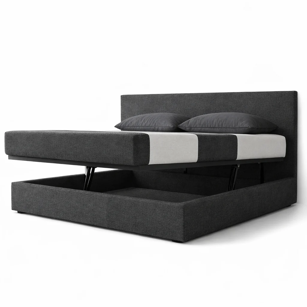 Lit coffre avec tête de lit ouverture latérale et frontale bouclette - Collection Parallèle design - Image 14