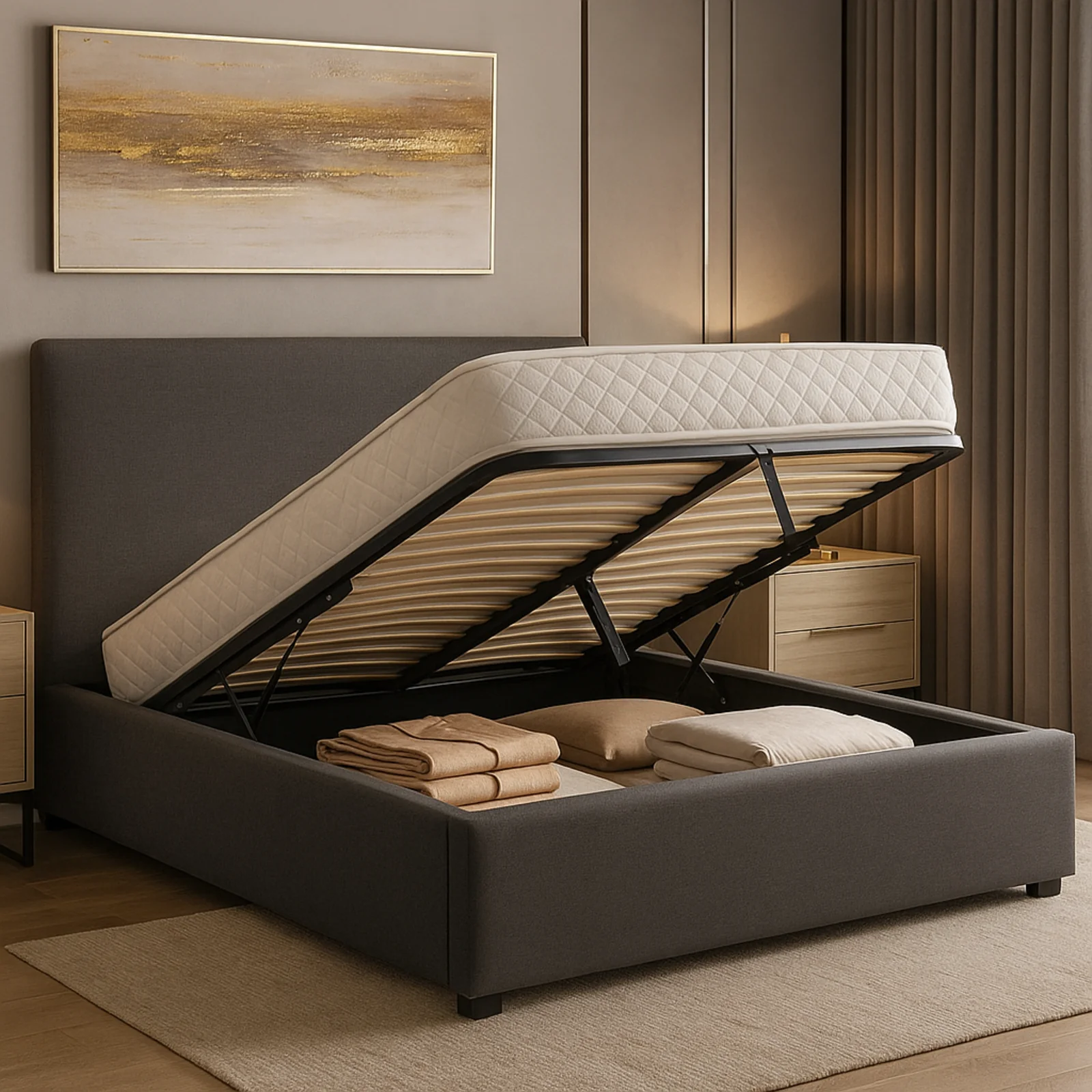 Lit coffre tissu, tête de lit, grand espace de stockage - Collection Versailles