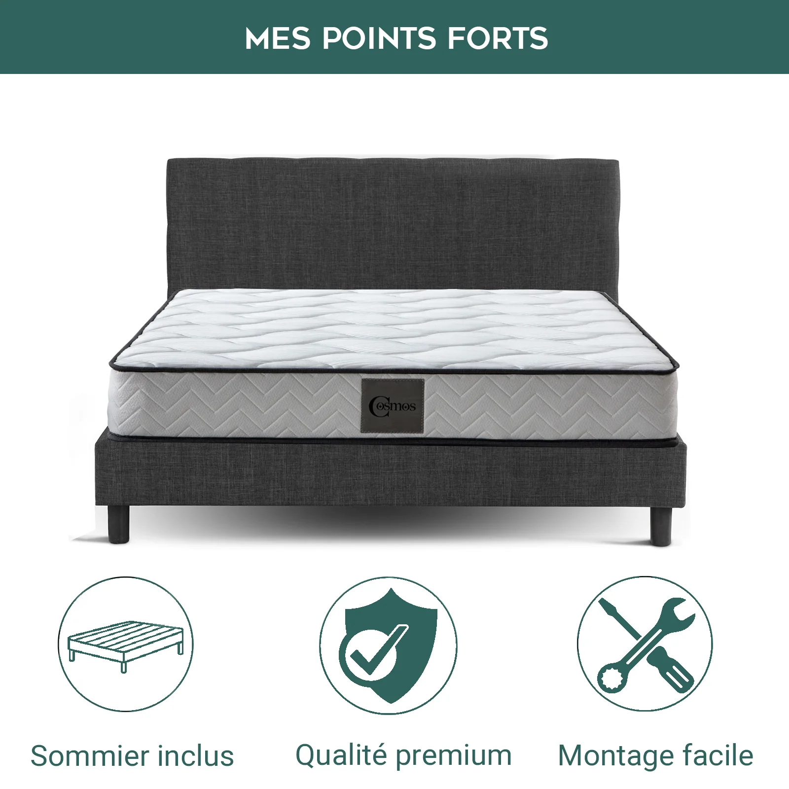 Pack Essentiel : Lit Marquis Tissus Gris Foncé & Matelas Cosmos - Image 2