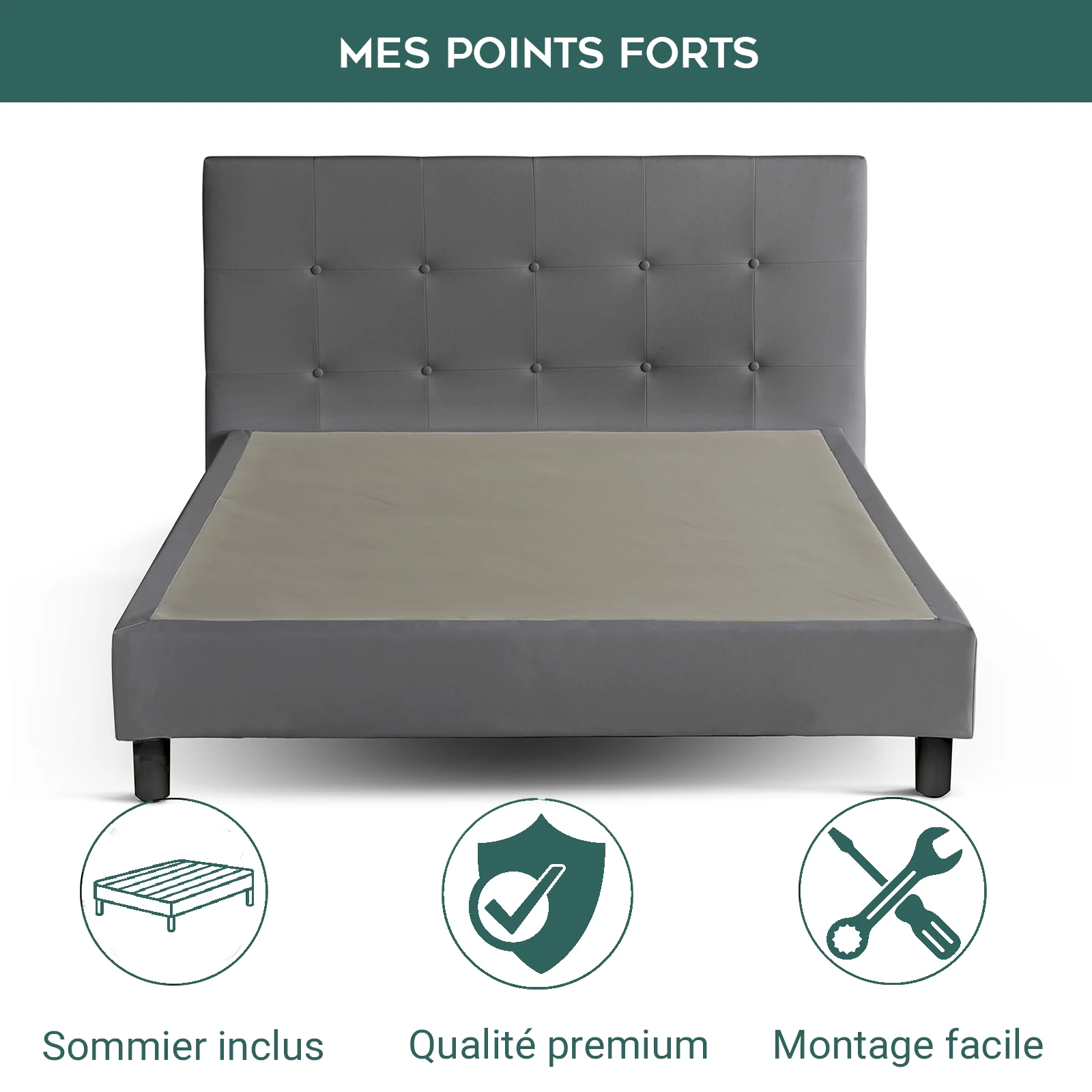 Lit capitonné contemporain en simili cuir avec sommier - Collection Triomphe - Image 14