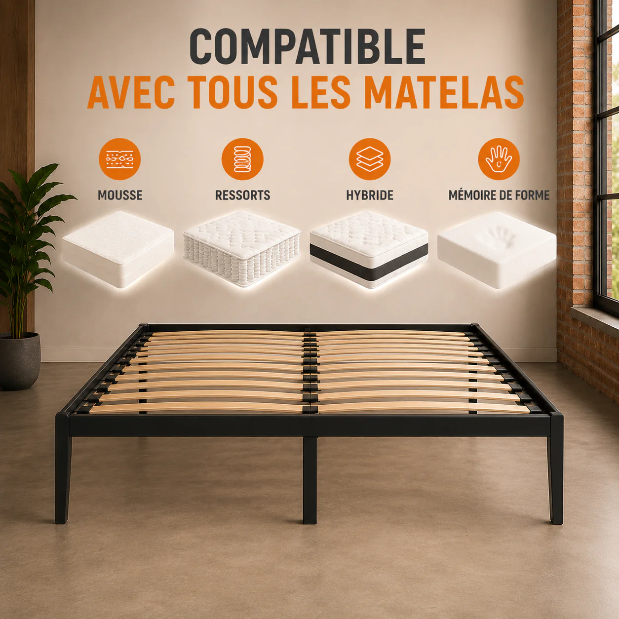 Sommier lit design style industriel, lattes larges, cadre à lattes - Collection Loft - Image 12