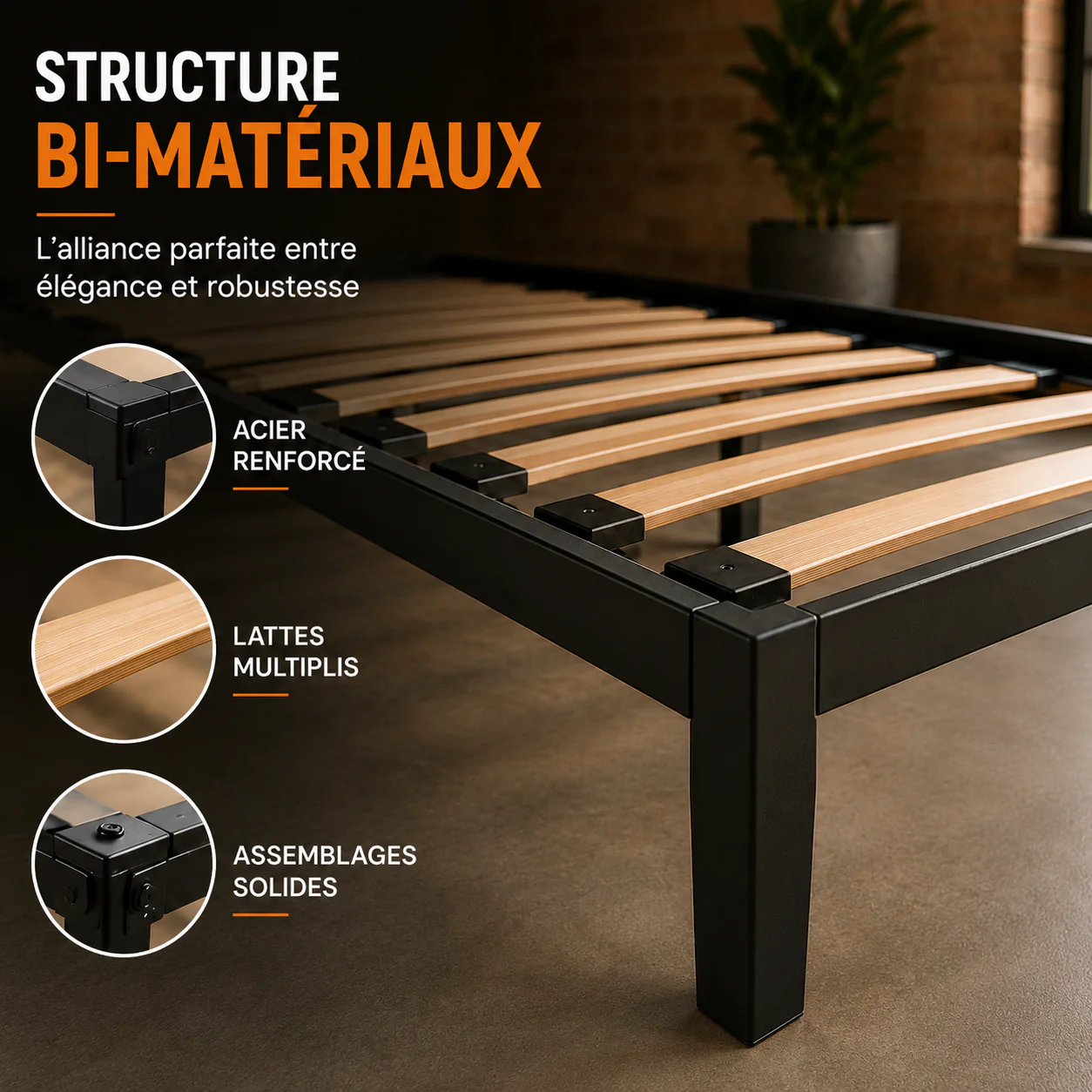 Sommier lit design style industriel, lattes larges, cadre à lattes - Collection Loft - Image 13